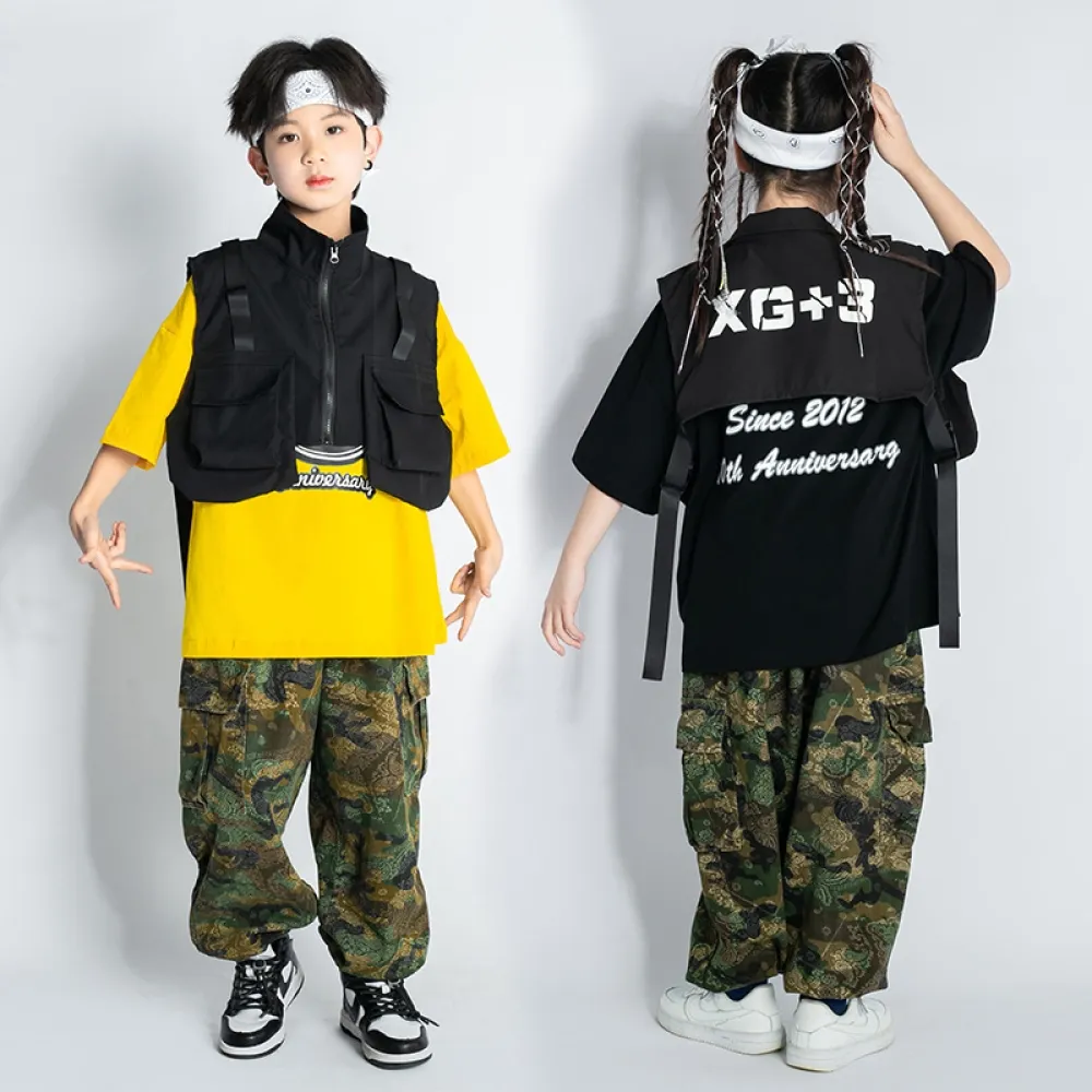 Tuta da ballo di strada hip-hop per bambini Abbigliamento alla moda per ragazzi Gilet da lavoro mimetico Abbigliamento da perfor