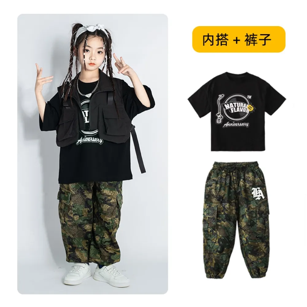 Tuta da ballo di strada hip-hop per bambini Abbigliamento alla moda per ragazzi Gilet da lavoro mimetico Abbigliamento da perfor