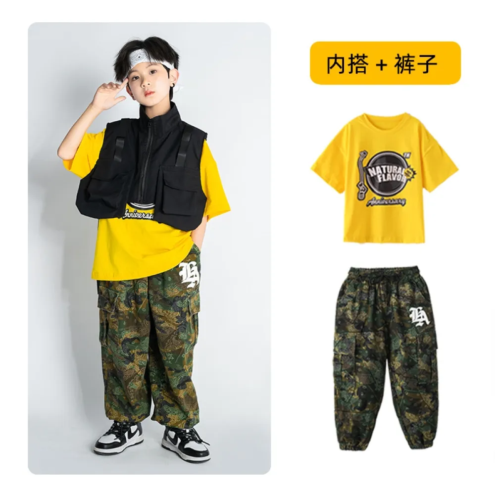 Tuta da ballo di strada hip-hop per bambini Abbigliamento alla moda per ragazzi Gilet da lavoro mimetico Abbigliamento da perfor