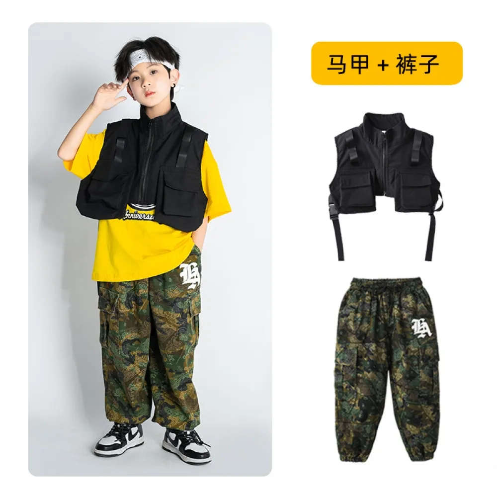 Tuta da ballo di strada hip-hop per bambini Abbigliamento alla moda per ragazzi Gilet da lavoro mimetico Abbigliamento da perfor