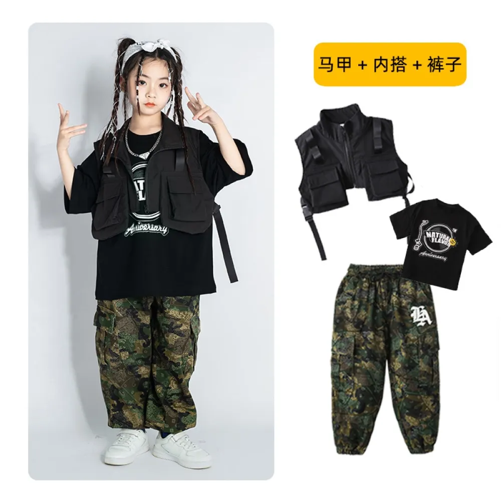 Tuta da ballo di strada hip-hop per bambini Abbigliamento alla moda per ragazzi Gilet da lavoro mimetico Abbigliamento da perfor
