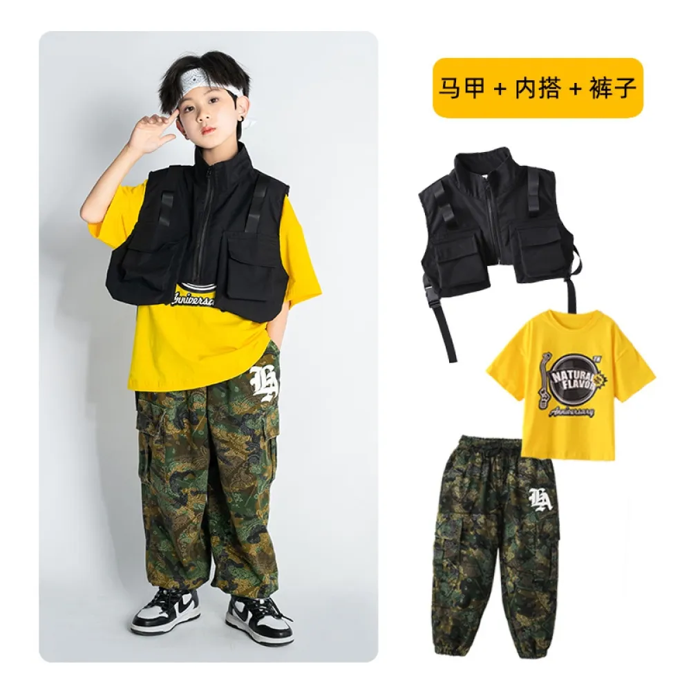 Tuta da ballo di strada hip-hop per bambini Abbigliamento alla moda per ragazzi Gilet da lavoro mimetico Abbigliamento da perfor