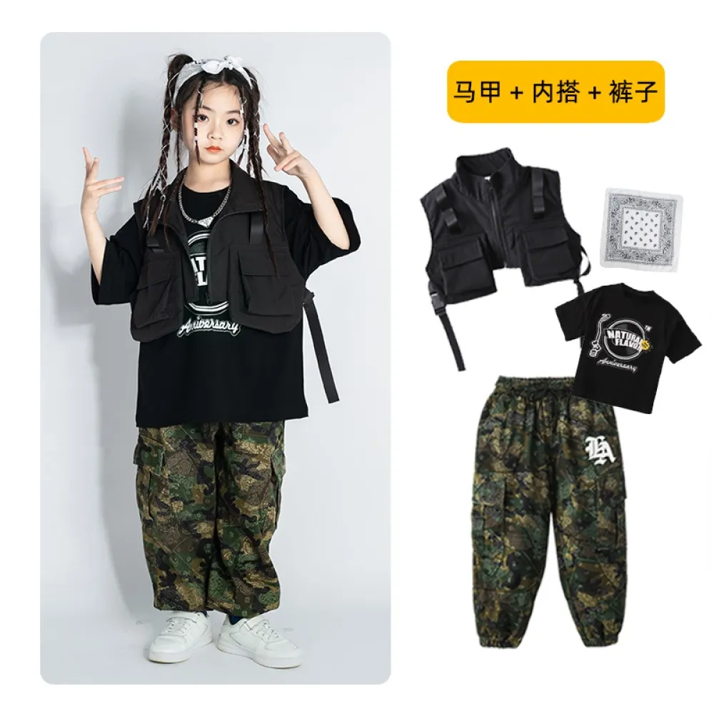 Tuta da ballo di strada hip-hop per bambini Abbigliamento alla moda per ragazzi Gilet da lavoro mimetico Abbigliamento da perfor