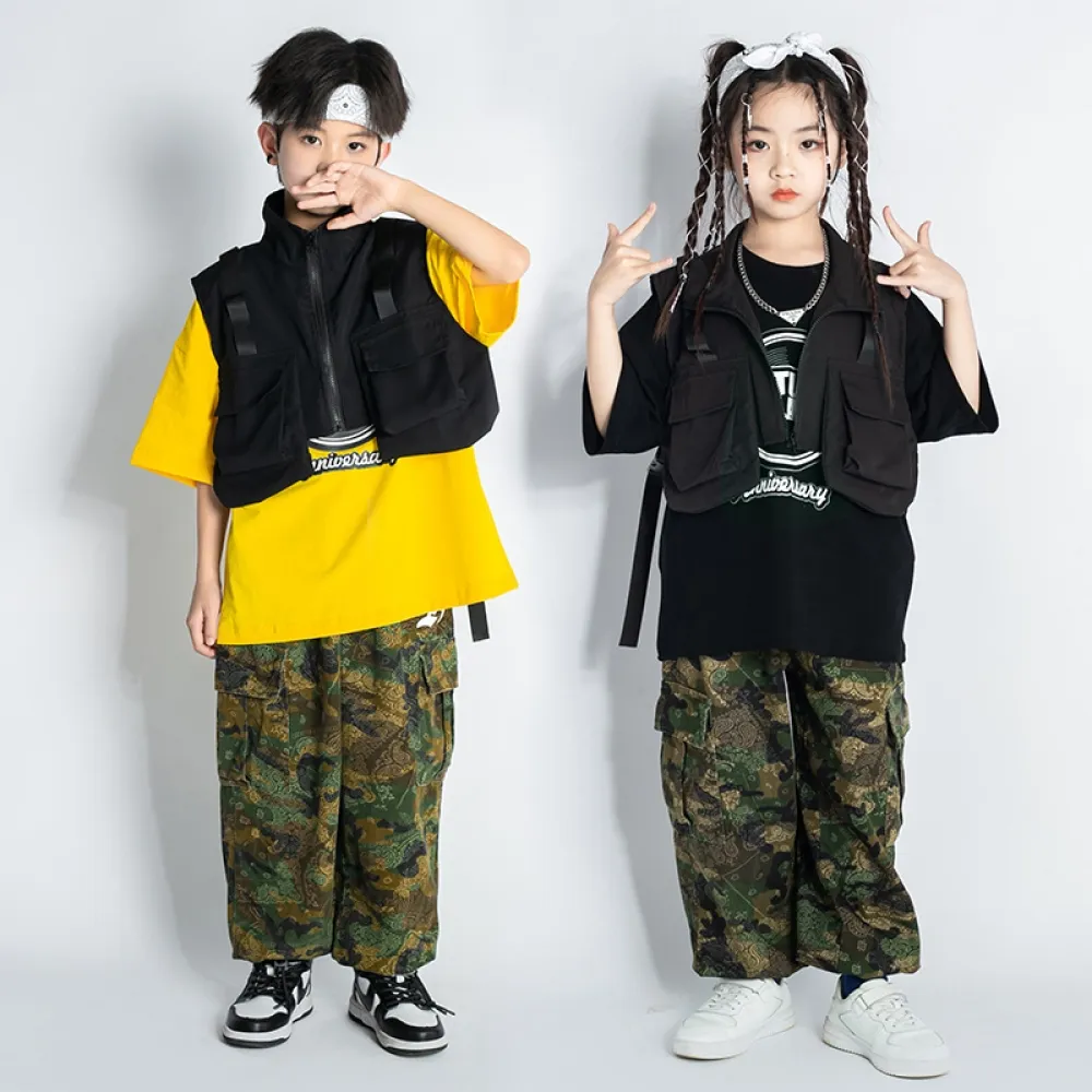 Tuta da ballo di strada hip-hop per bambini Abbigliamento alla moda per ragazzi Gilet da lavoro mimetico Abbigliamento da perfor
