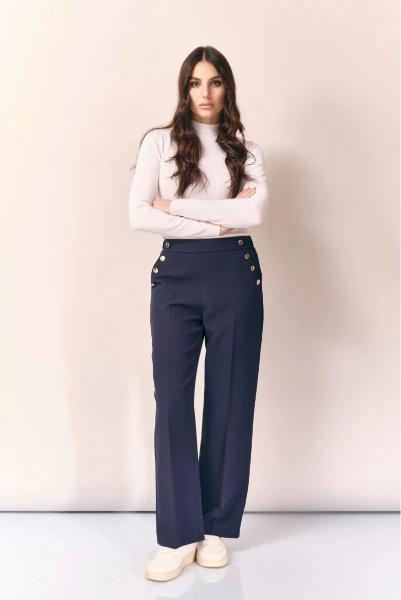 WHITE WISE PANTALONE PALAZZO IN BI-STRETCH CON BOTTONI ORO - WW19484 