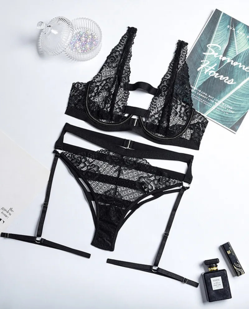 Yimunancy 3 Pezzi Reggiseno di Pizzo Set Donne Fasciatura Biancheria Intima Nera Set 2022 Delle Signore Della Biancheria Set Con